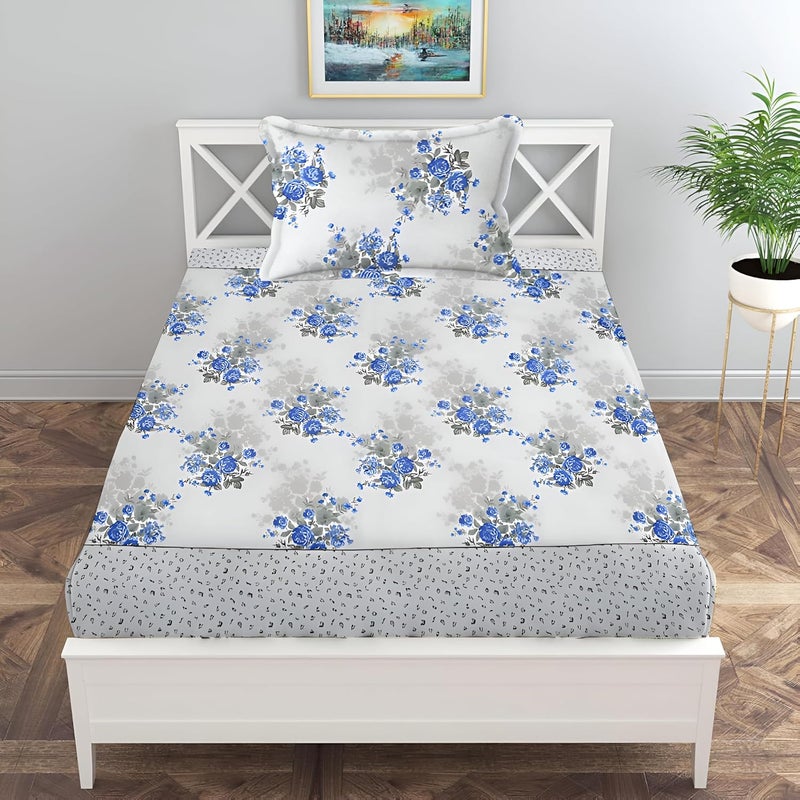STARNSTYLE Polycotton 220 TC Soft Breathable Wrinklefree Floral Printed Single Bedsheet with Pillow Cover - White Blue - Image 2